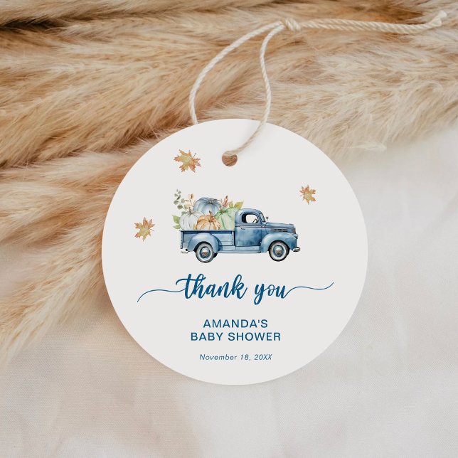 Étiquettes Cadeau Merci de Baby shower Citrouille de camion bleu (Créateur téléchargé)