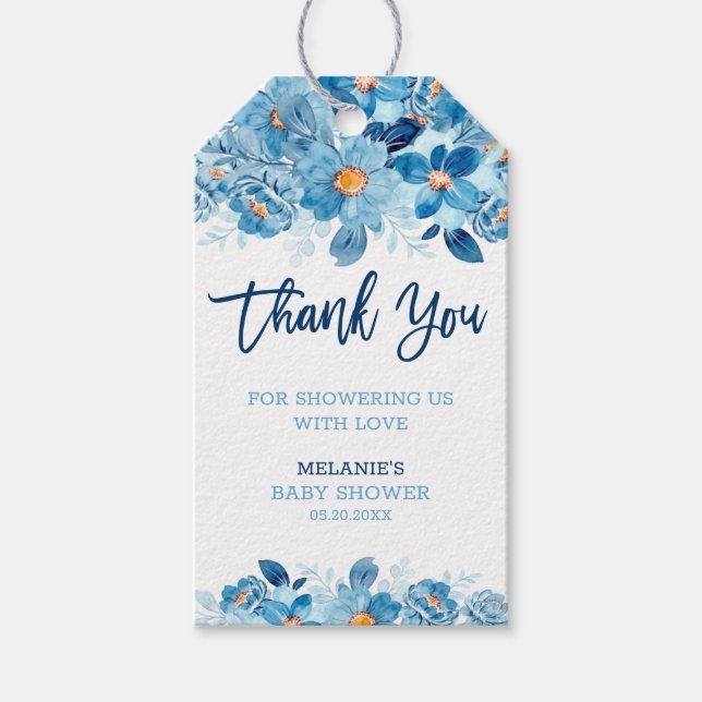 Étiquettes-cadeau Merci de Baby shower d'aquarelle bleu (Devant)