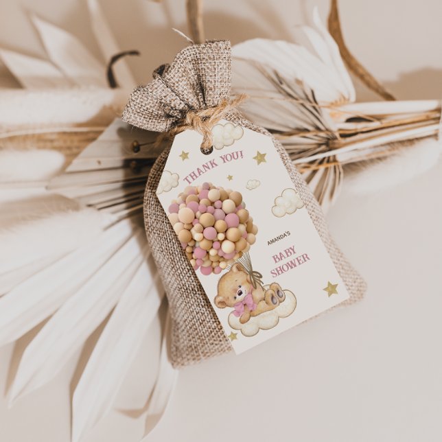 Étiquettes-cadeau Merci de Baby shower de ballon rose Boho Bear (Créateur téléchargé)