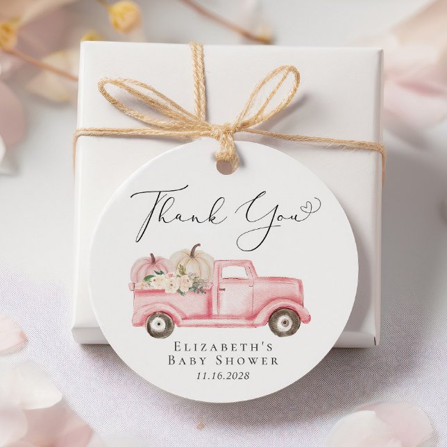 Étiquettes Cadeau Merci de Baby shower de camion rose Citrouille Flo (Créateur téléchargé)