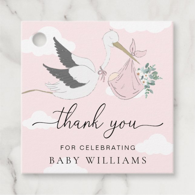 Étiquettes Cadeau Merci de Baby shower de cigogne rose (Devant)