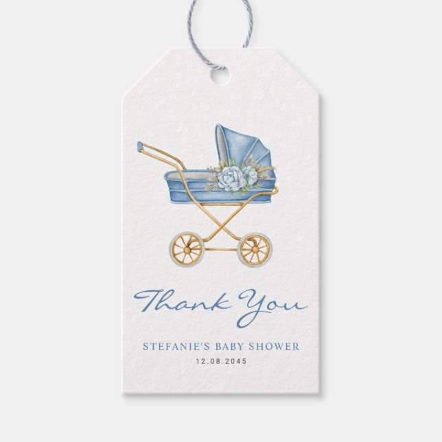 Étiquettes-cadeau Merci de Baby shower de poussette bleu aquarelle (Devant)
