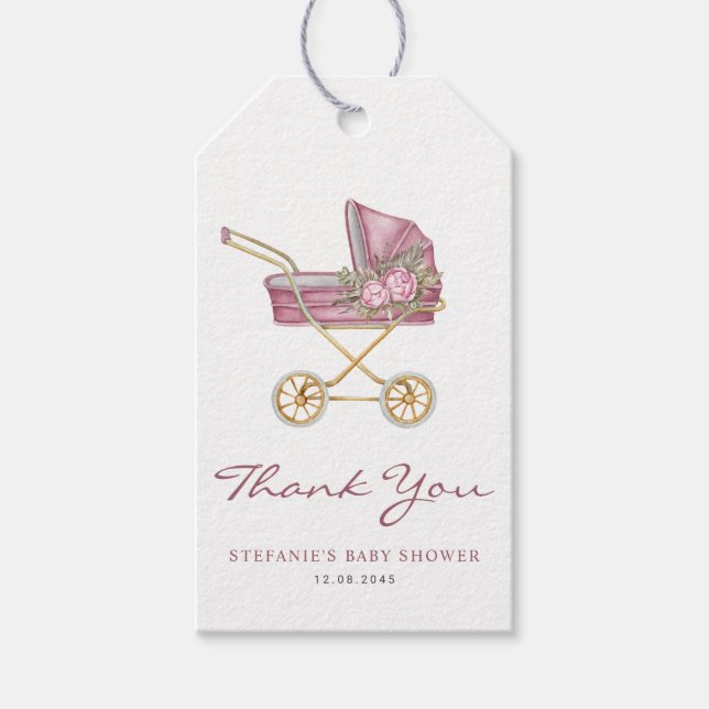 Étiquettes-cadeau Merci de Baby shower de poussette rose aquarelle (Devant)