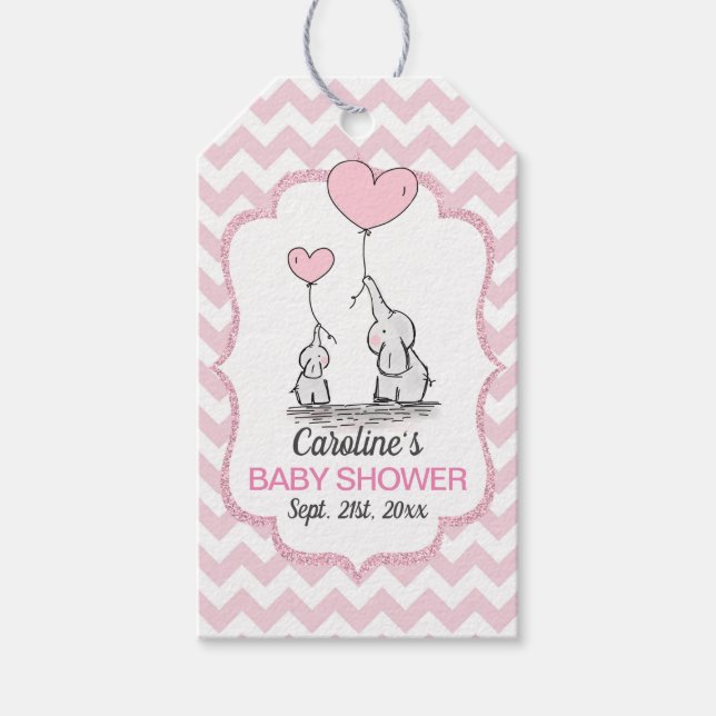 Étiquettes-cadeau Merci de Baby shower d'éléphant rose Chevron (Devant)