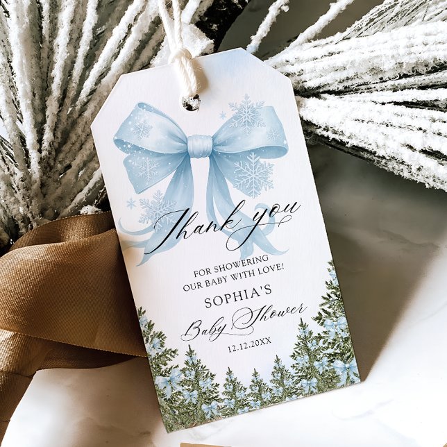 Étiquettes-cadeau Merci de Baby shower d'hiver Blue Bow (Créateur téléchargé)
