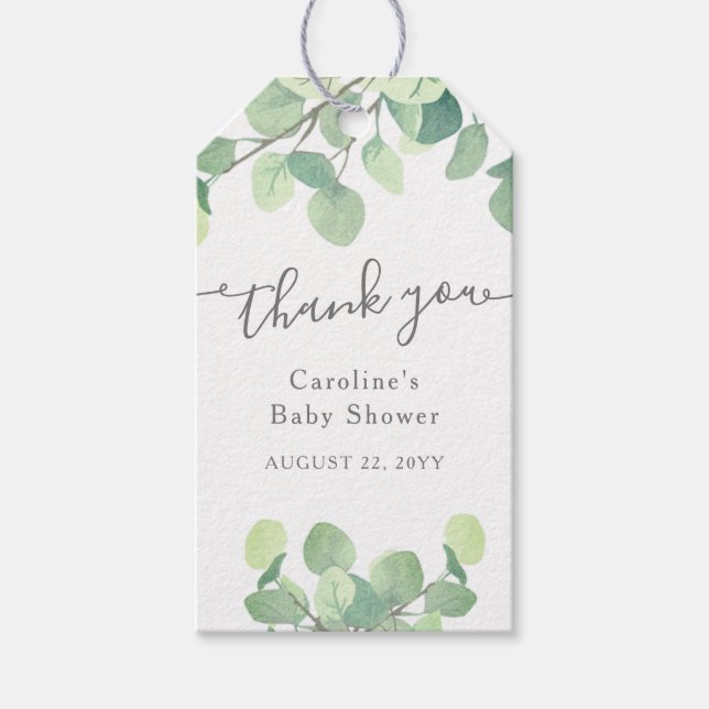 Étiquettes-cadeau Merci de Baby shower Eucalyptus vert moderne (Devant)