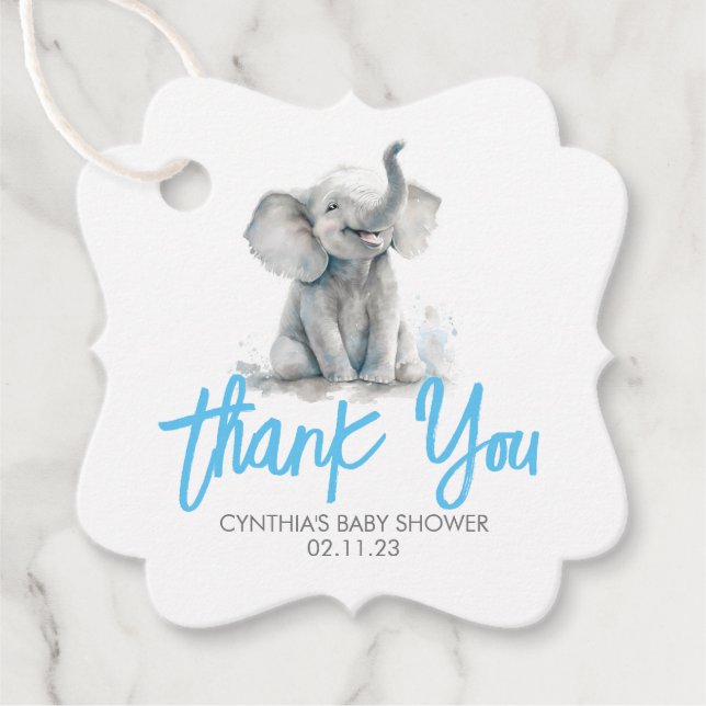 Étiquettes Cadeau Merci de Baby shower gris bleu petit éléphant (Devant)