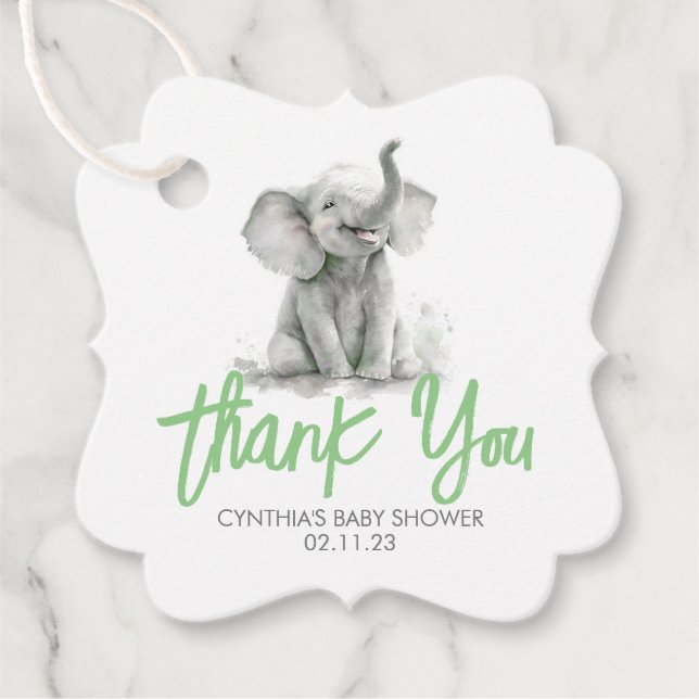 Étiquettes Cadeau Merci de Baby shower gris vert petit éléphant (Devant)