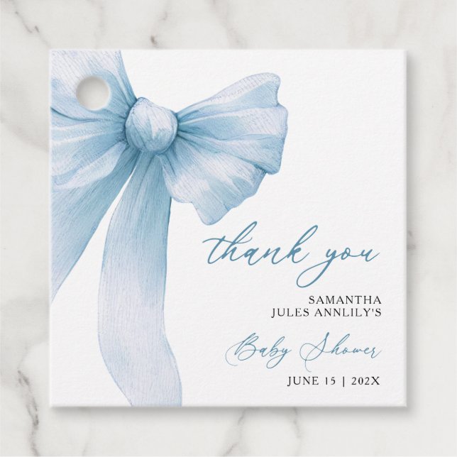 Étiquettes Cadeau Merci de Baby shower moderne Blue Bow (Devant)