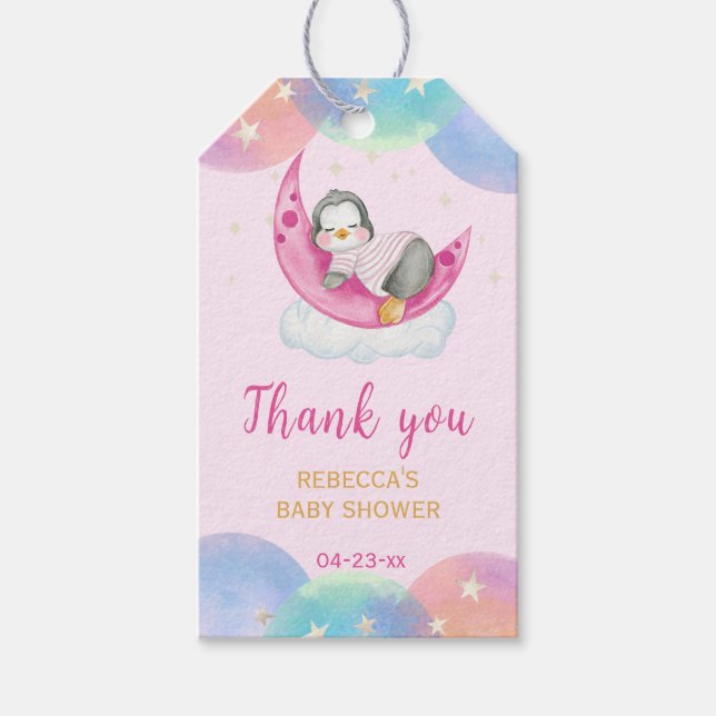 Étiquettes-cadeau Merci de Baby shower rose pingouin mignon (Devant)