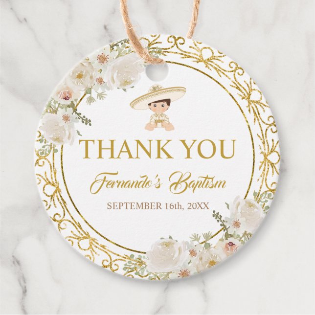 Étiquettes Cadeau Merci de baptême de garçon Fiesta d'or mexicaine (Devant)