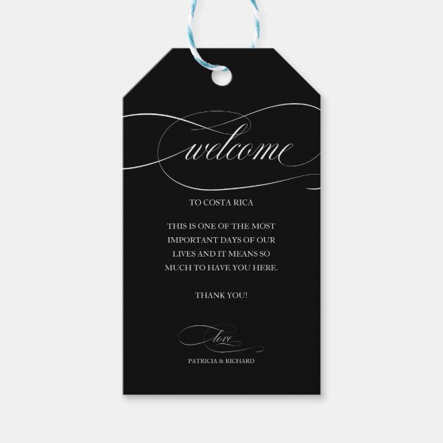 Étiquettes-cadeau Merci de bienvenue de mariage de destination Noir (Devant)