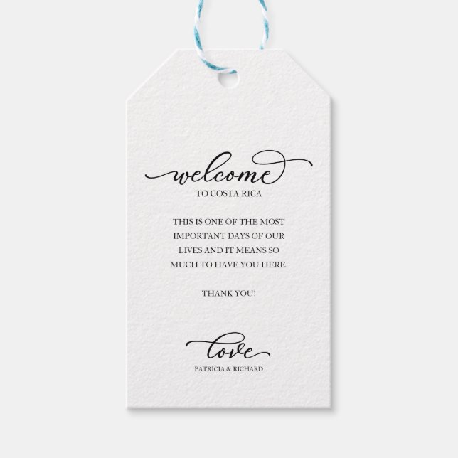 Étiquettes-cadeau Merci de bienvenue de mariage de destination Scrip (Devant)