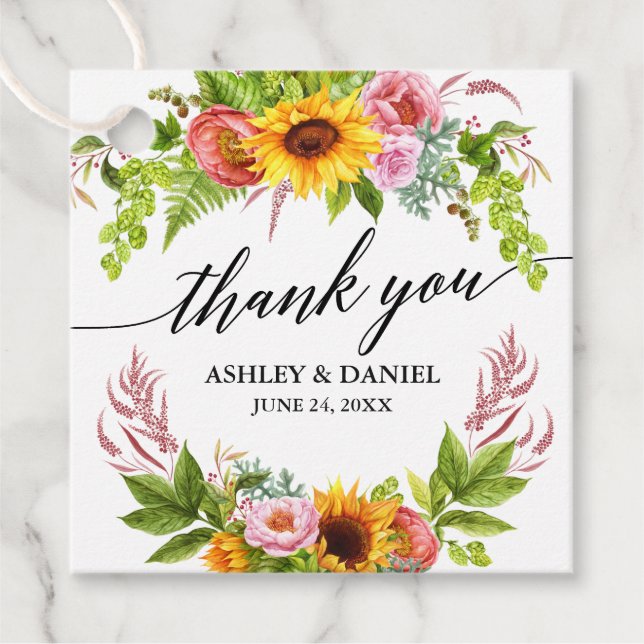 Étiquettes Cadeau Merci de calligraphie Mariage de tournesol (Devant)