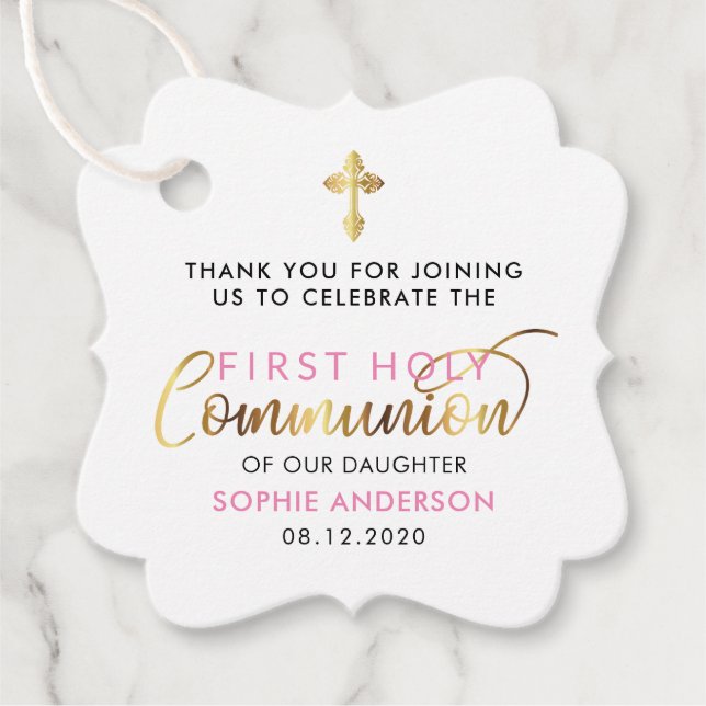 Étiquettes Cadeau Merci De Communion Rose Et Or (Devant)