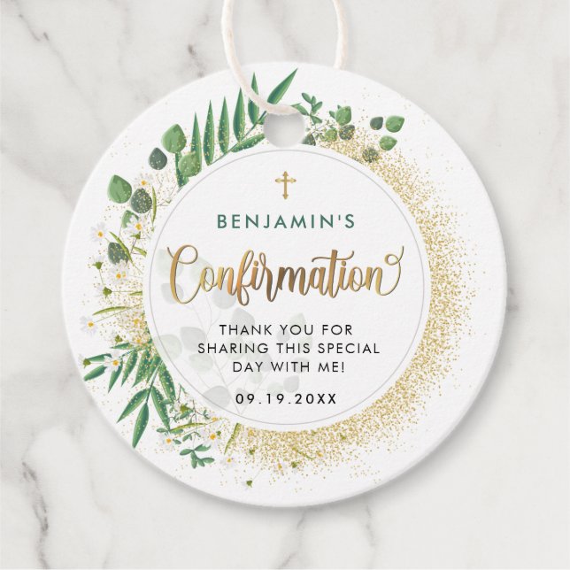 Étiquettes Cadeau Merci De Confirmation Botanique Or Et Vert (Devant)