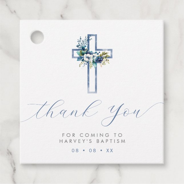 Étiquettes Cadeau Merci de croix de fleurs bleues (Devant)