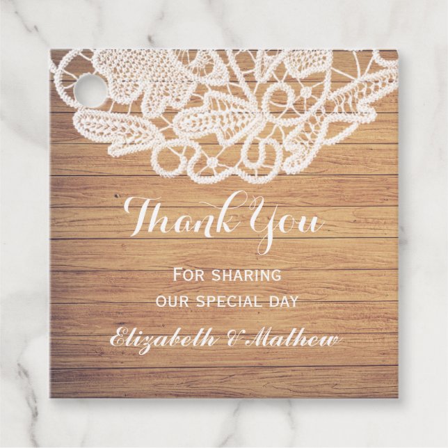 Étiquettes Cadeau Merci de dentelle Mariage en bois rustique (Devant)