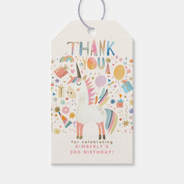 Étiquettes-cadeau Merci de fête d'anniversaire de la Unicorne (Devant)
