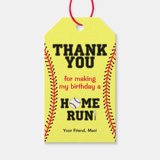 Étiquettes-cadeau Merci de fête d'anniversaire de softball (Devant)