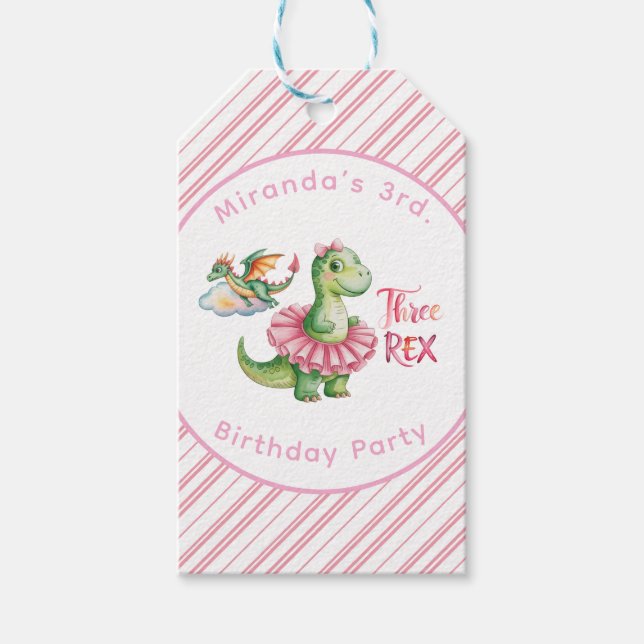 Étiquettes-cadeau Merci de fête d'anniversaire de trois Rex Girl (Devant)