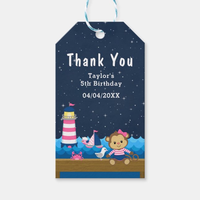 Étiquettes-cadeau Merci de fête d'anniversaire rose singe Nautique (Devant)