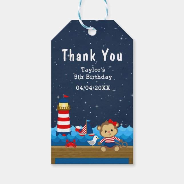 Étiquettes-cadeau Merci de fête d'anniversaire rouge singe Nautique (Devant)