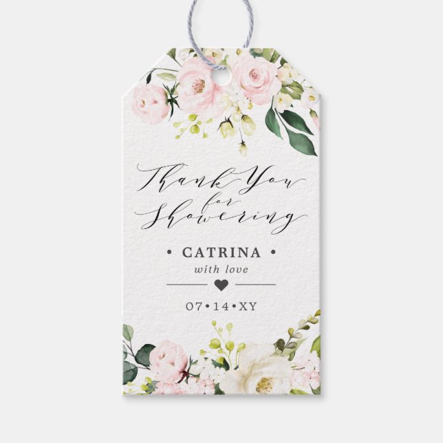 Étiquettes-cadeau Merci de Fête des mariées aux fleurs roses (Devant)