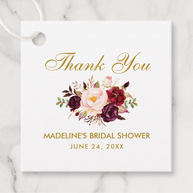 Étiquettes Cadeau Merci de Fête des mariées Floral Or Bourgogne (Devant)