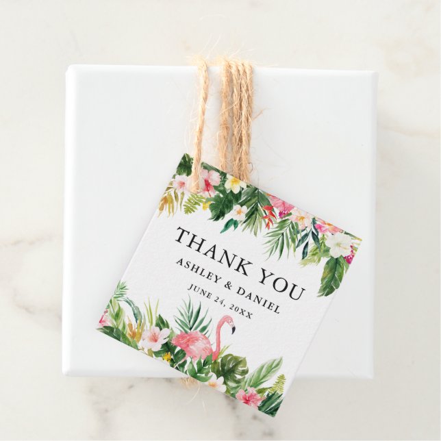 Étiquettes Cadeau Merci de Flamant rose de Mariage floral tropical (En situation)