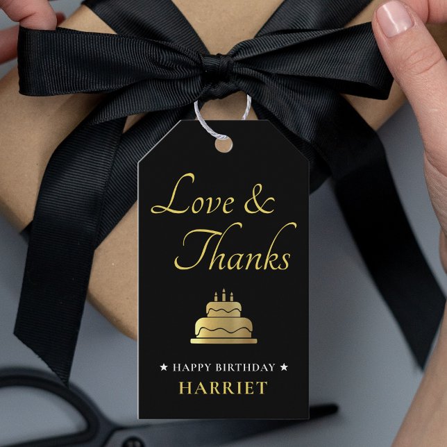 Étiquettes-cadeau Merci de gâteau d'anniversaire noir et or (Black & Gold Birthday Cake Thank You Gift Tags)