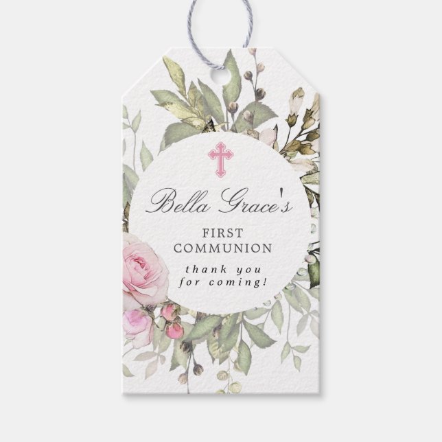 Étiquettes-cadeau Merci de la première communion rose floral (Devant)