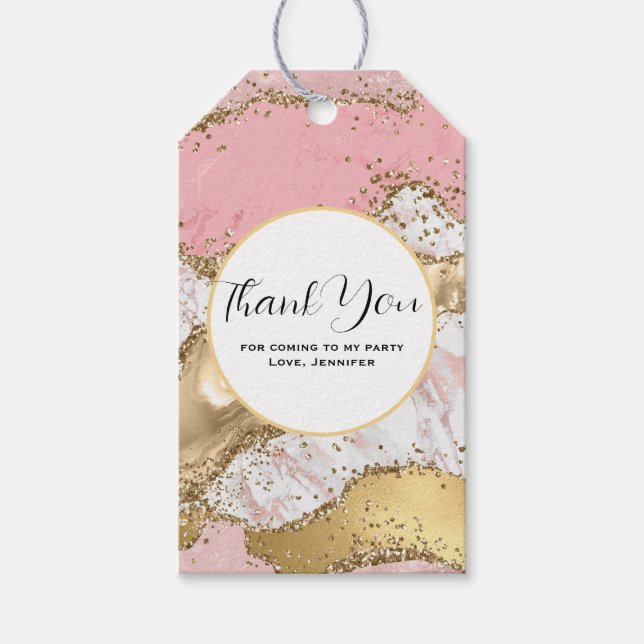 Étiquettes-cadeau Merci de luxe Rose en marbre rose or (Devant)