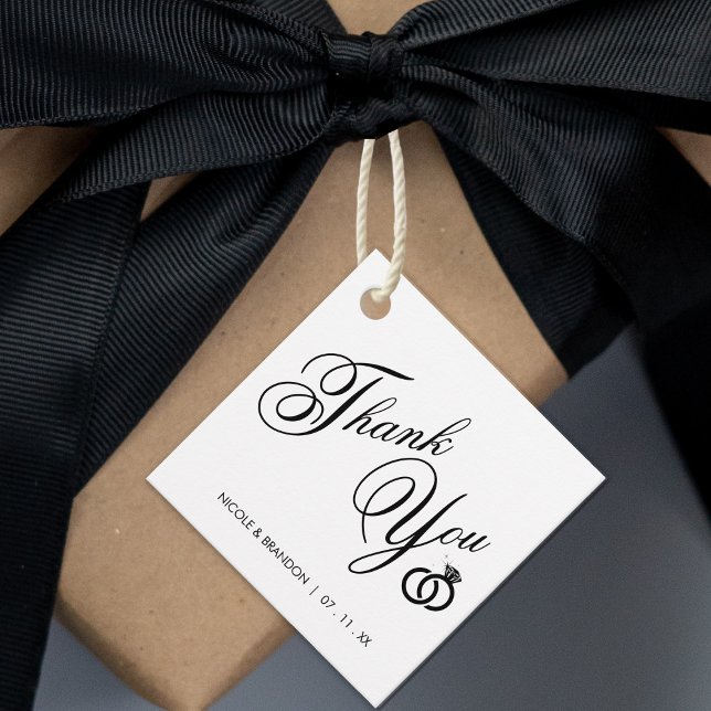 Étiquettes Cadeau Merci de Mariage à anneaux diamant blanc et noir (White & Black Diamond Ring Wedding Thank You Favor Tags)