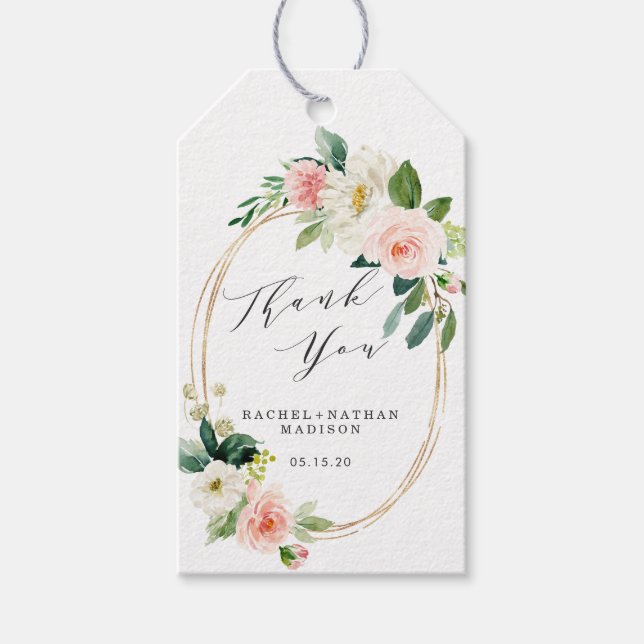 Étiquettes-cadeau Merci de Mariage à cadre or à fleurs blanches (Devant)