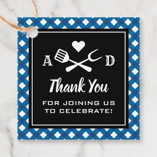 Étiquettes Cadeau Merci de Mariage BBQ Rustique Bleu En vichy (Devant)