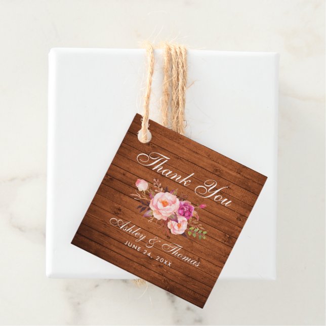 Étiquettes Cadeau Merci de Mariage de bois rose rose rustique (En situation)