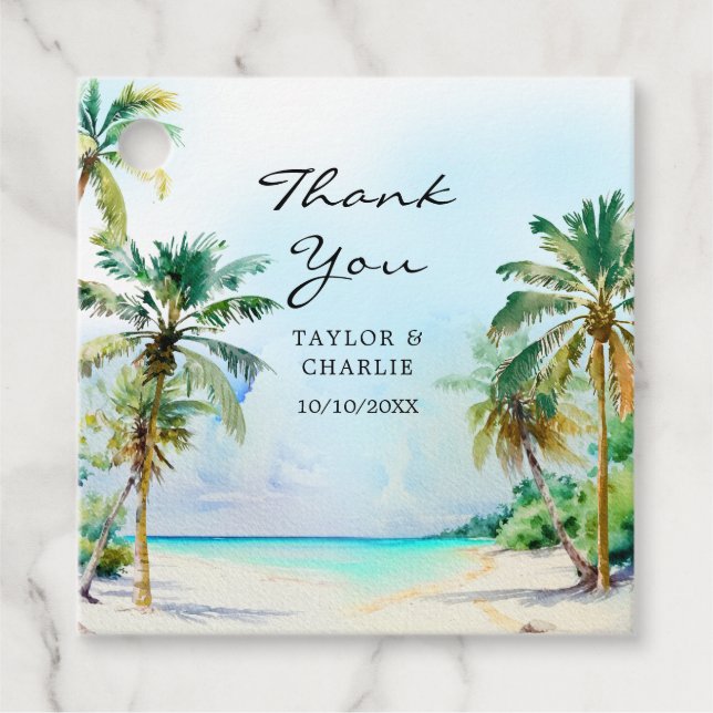 Étiquettes Cadeau Merci de mariage de destination de plage tropicale (Devant)