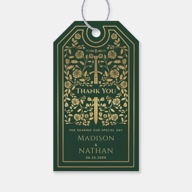 Étiquettes-cadeau Merci de Mariage de l'épée médiévale royale verte (Devant)