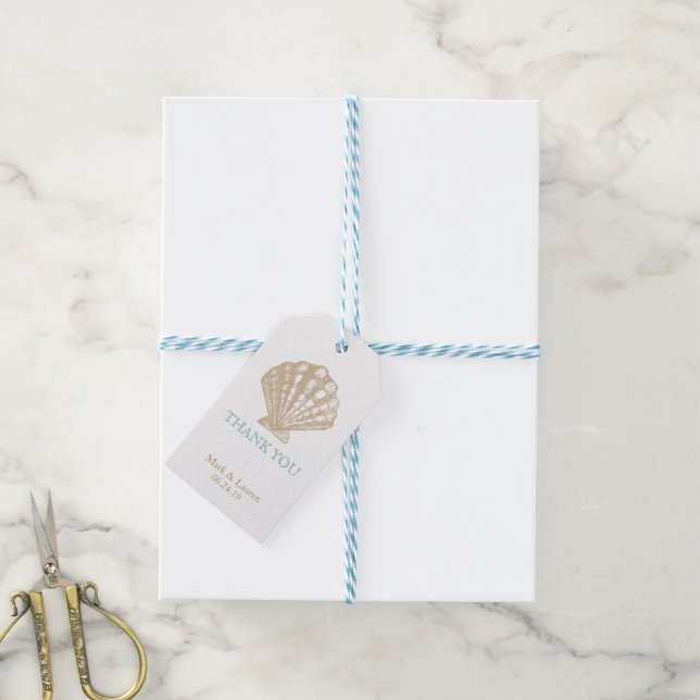 Étiquettes-cadeau Merci de mariage Seashell Nautical Tan/Aqua Beach (Avec de laficelle)