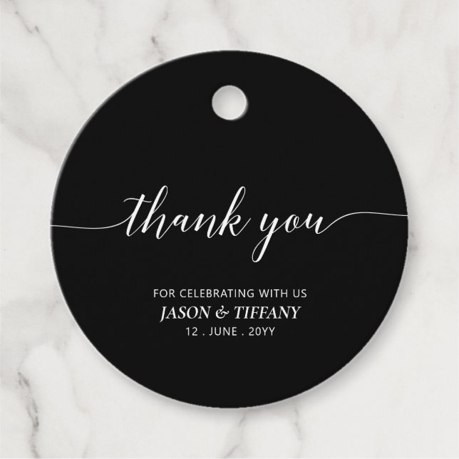 Étiquettes Cadeau Merci de partie de script élégant noir et blanc (Devant)