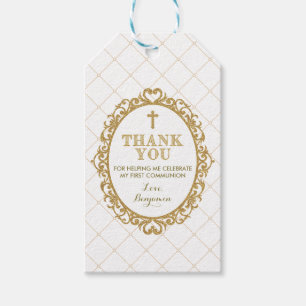 Étiquettes-cadeau Merci de sainte communion de baptême d'or blanc