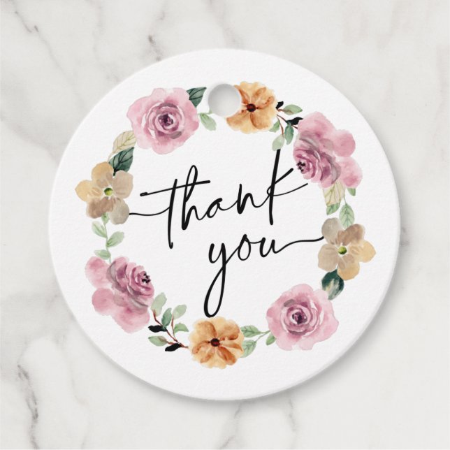 Étiquettes Cadeau Merci de script de couronne de fleurs (Devant)
