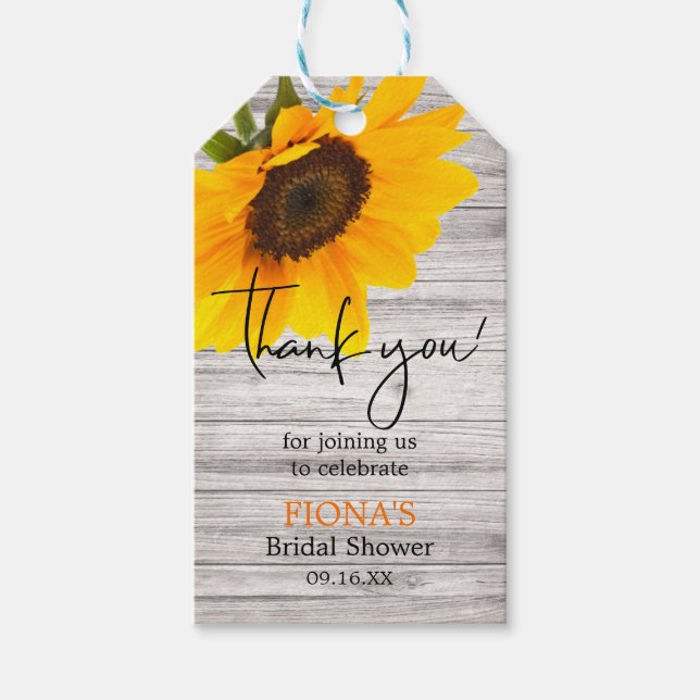 Étiquettes-cadeau Merci de script de Fête des mariées de tournesol r (Devant)