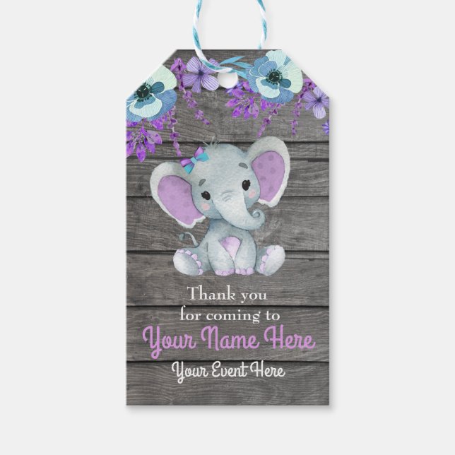Étiquettes-cadeau Merci d'éléphant violet balise Fleurs rustiques (Devant)