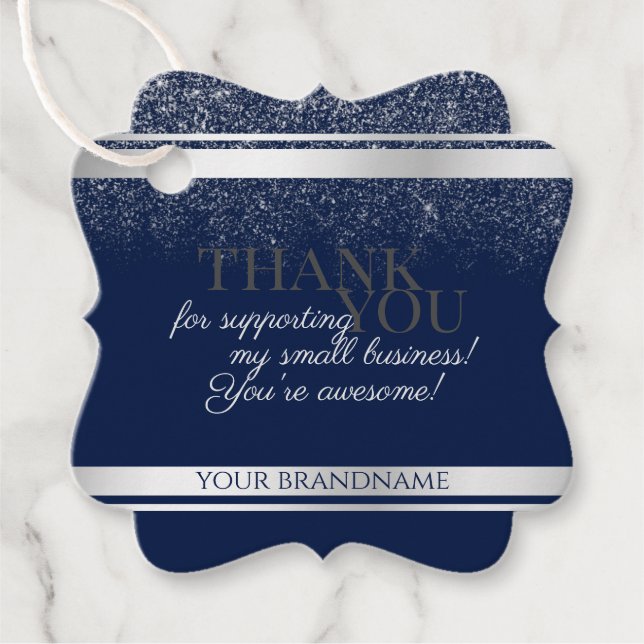 Étiquettes Cadeau Merci d'emballage élégant bleu foncé et argent (Devant)