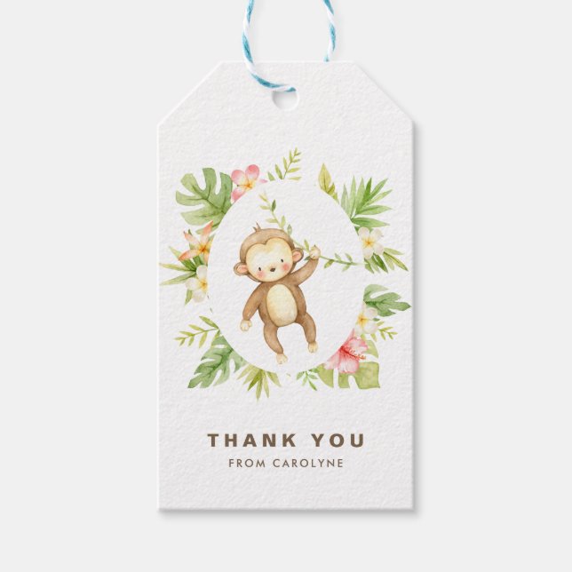 Étiquettes-cadeau Merci d'été du singe d'aquarelle tropicale (Devant)