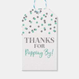 Étiquettes-cadeau Merci d'être passé en confettis turquoise et argen