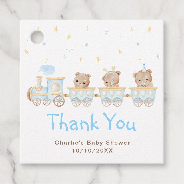 Étiquettes Cadeau Merci du Baby shower du train Bear Blue (Devant)