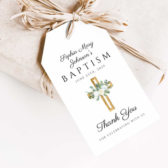Étiquettes-cadeau Merci du baptême floral croisé religieux (Religious Cross Floral Baptism Thank You Gift Tags)